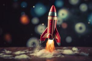 Toy rocket takes off business and finances success concept. AI Generative photo