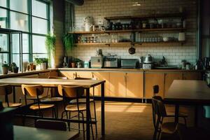 Inside clean kitchen of a modern restaurant or mini cafe with cooking utensils and small bar counter concept by AI Generated photo