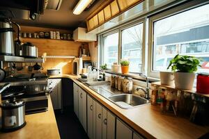 Inside clean kitchen of a modern restaurant or mini cafe with cooking utensils and small bar counter concept by AI Generated photo