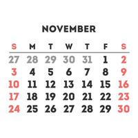 November 2024 month calendar. Vector illustration.