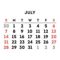July 2024 month calendar. Vector illustration.