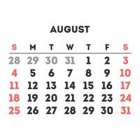 August 2024 month calendar. Vector illustration.