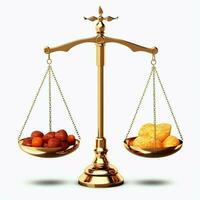 Clásico oro equilibrar escala medida o ley justicia símbolo. abogados día o mundo día de social justicia concepto por ai generado foto