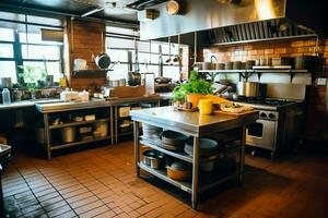 Inside clean kitchen of a modern restaurant or mini cafe with cooking utensils and small bar counter concept by AI Generated photo