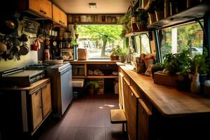 Inside clean kitchen of a modern restaurant or mini cafe with cooking utensils and small bar counter concept by AI Generated photo