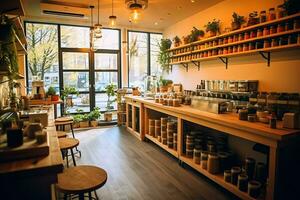 Inside clean kitchen of a modern restaurant or mini cafe with cooking utensils and small bar counter concept by AI Generated photo