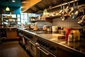 Inside clean kitchen of a modern restaurant or mini cafe with cooking utensils and small bar counter concept by AI Generated photo