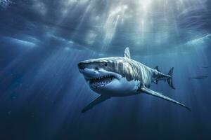el Rey de el océano, el genial blanco masculino tiburón cazador submarino vista, guadalupe isla, México. ai generativo foto