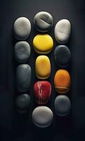 Some colorful stones are displayed, dark navy and yellow, AI Generative photo