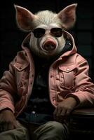 Portrait of a funny pig wearing a hat and sunglasses on a black background. AI generative photo