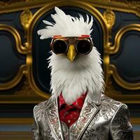 Portrait of a rooster wearing glasses and a bow tie. anthropomorphic hen. AI generative photo