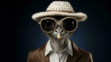 Portrait of an ostrich in a hat and a jacket on a black background. AI Generative photo