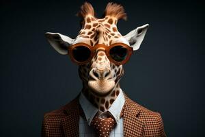 Portrait of a giraffe in a suit and tie on a black background. anthropomorphic giraffe.AI generative photo