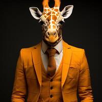 Portrait of a giraffe in a suit and tie on a black background. anthropomorphic giraffe.AI generative photo