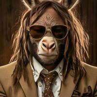 Portrait of a funny donkey wearing sunglasses and a suit. AI generative photo