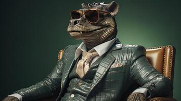 Funny crocodile in a suit, hat and glasses on a dark background. AI generative photo