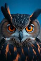 Owl with orange eyes on a dark background. AI generative photo