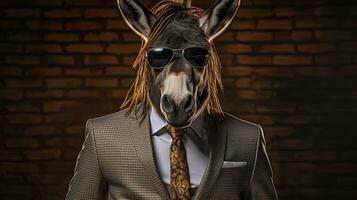 Portrait of a funny donkey wearing sunglasses and a suit. AI generative photo