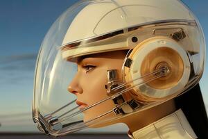 Female robot wearing a helmet and headphones. AI generative photo