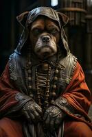 Dog with glasses on black background. dog in the steampunk costume. AI generative photo