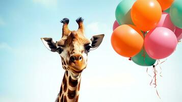 giraffe head with colorful balloons isolated on a white background. AI generative photo