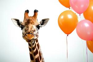 giraffe head with colorful balloons isolated on a white background. AI generative photo