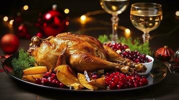 Juicy and tasty roast turkey on a plate with Christmas decorations. Roasted chicken with vegetables, Roast chicken party, all kinds of food, beer. AI Generative photo