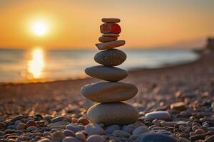 pebbles stacked on the beach with sunset in the background. AI Generative photo