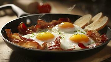 Bacon and eggs in a pan. Composition with tasty fried eggs and bacon on wooden table. AI Generative photo