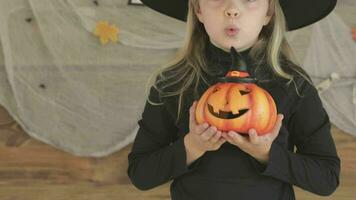 un pequeño niña en un bruja sombrero participación un calabaza video