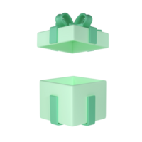 3d green open christmas gift box icon with pastel ribbon bow on transparent background. Render modern holiday. Realistic icon for present, birthday or wedding banner png