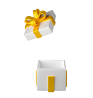 3d white open christmas gift box icon with golden ribbon bow transparent background. Render modern holiday. Realistic icon for present, birthday or wedding banner png