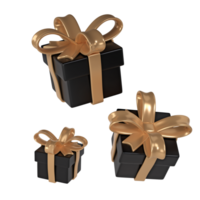 3d black Friday three gift boxes icon with golden ribbon bow on transparent background. Render Shop Sale modern holiday. Realistic icon for present shopping banner or poster png
