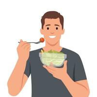 Young man eating salads. Diet food for life. Healthy foods with benefits. Healthy and vegan food concept. vector