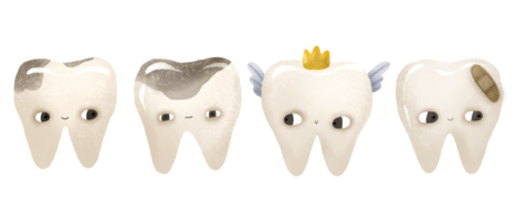 dentición con enfermo dientes, caries, diente con yeso y diente hada con alas y corona. dolor de muelas. bebé linda aislado ilustración en transparente antecedentes. png