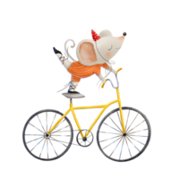 A little mouse in a clown hat and bright overalls rides a yellow bicycle on one leg. Cute fantastic circus illustration. Children's circus show performance png