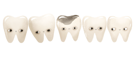 Dentition mit gesund, Arm Zähne und Karies. Zahnschmerzen. Zähne mit Augen Figuren. Baby süß isoliert Illustration auf transparent Hintergrund. png