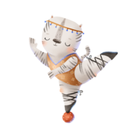 A black and white zebra in a gymnastic orange leotard and a headband and pointe shoes stands on a gymnastic ball on one leg. Ballet show, circus variety performance. Cute childish png