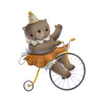 A cute bear in a clown hat and fluffy skirt rides a circus bicycle and waves his hand. Joyful animal performing on the circus arena Cute isolated hand drawn illustration for children png