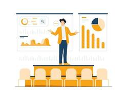 Business conference, presentation, project discussion. Businessman analyst showing analytic dashboard with charts, metrics, KPI to analyze performance, create insight reports concept illustration vector