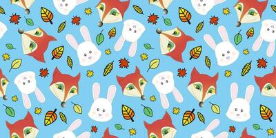 Cartoon pattern with cute fox and rabbits, fairy tail characters with falling leaves. Print Design Textile for Kids Fashion. Print for textile, wrapper, postcard. vector