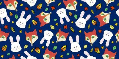 Cartoon pattern with cute fox and rabbits, fairy tail characters with falling leaves. Print Design Textile for Kids Fashion. Print for textile, wrapper, postcard. vector