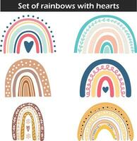 Set of rainbows with hearts isolated on white background. Perfect for kids, posters, prints, cards, fabric, children's books. vector