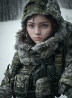 un niña en un militar uniforme es en pie en el nieve foto