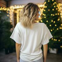 AI generated Girl wearing white oversize t - shirt in front of christmas trees. Back view photo