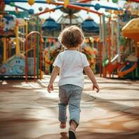 AI generated Back view of a wild little boy with wearing white t - shirt running fast around in a playground photo