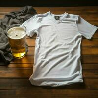 AI generated Blank white t - shirt lying in a sleeping position on a table and are several glass of beer photo