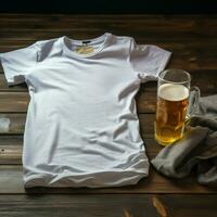 AI generated Blank white t - shirt lying in a sleeping position on a table and are several glass of beer photo