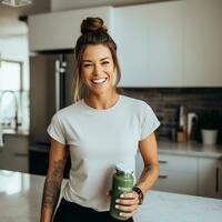 AI generated Brunette woman wearing blank white t-shirt and holding a bottle, in modern kitchen photo