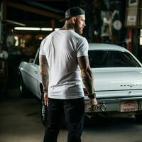 AI generated A muscle man standing behind a muscle car. man wearing blank white t-shirt photo